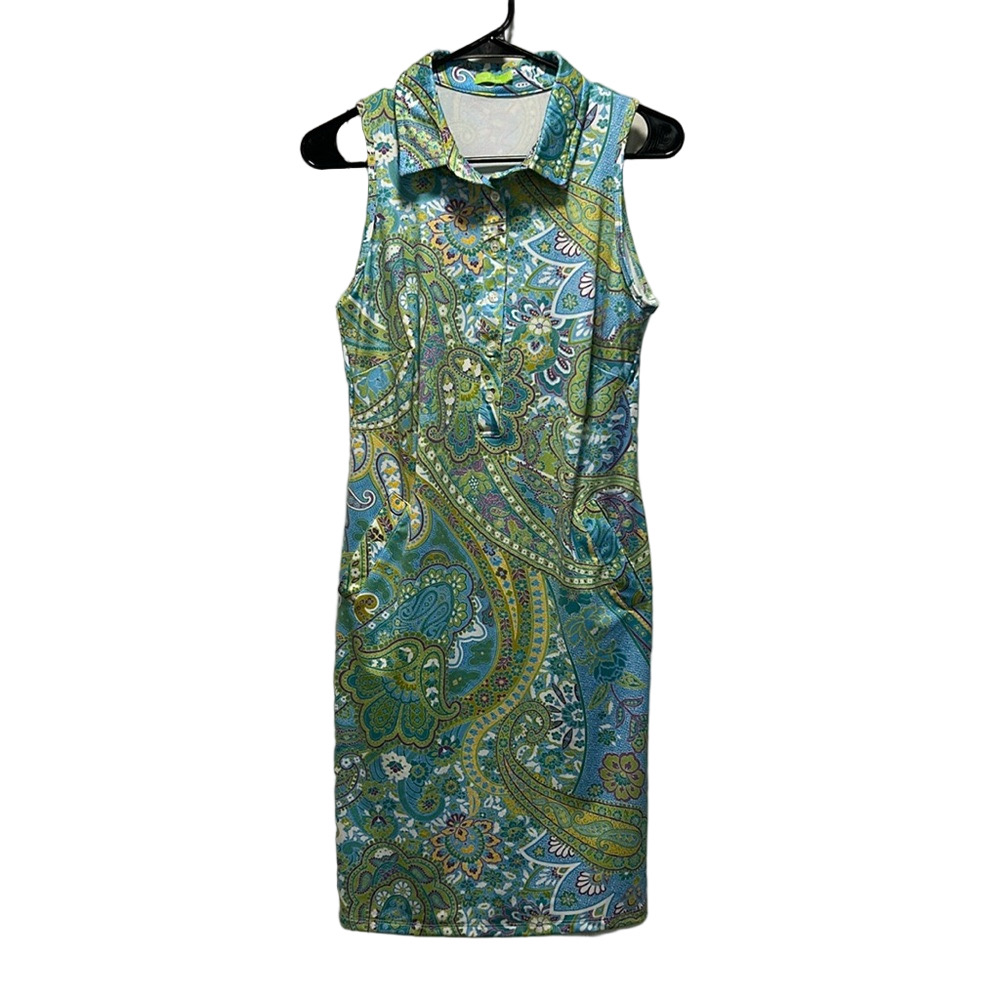 Tee 2 Sea Sleeveless Collared Golf Dress in Blue/Green Floral Paisley Size Small
